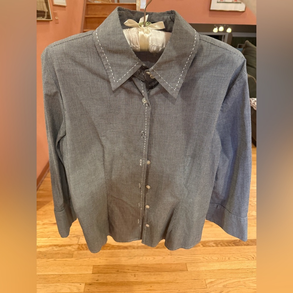 Sandra Ingrish Gray & White Micro Check Button Down Blouse Size 10